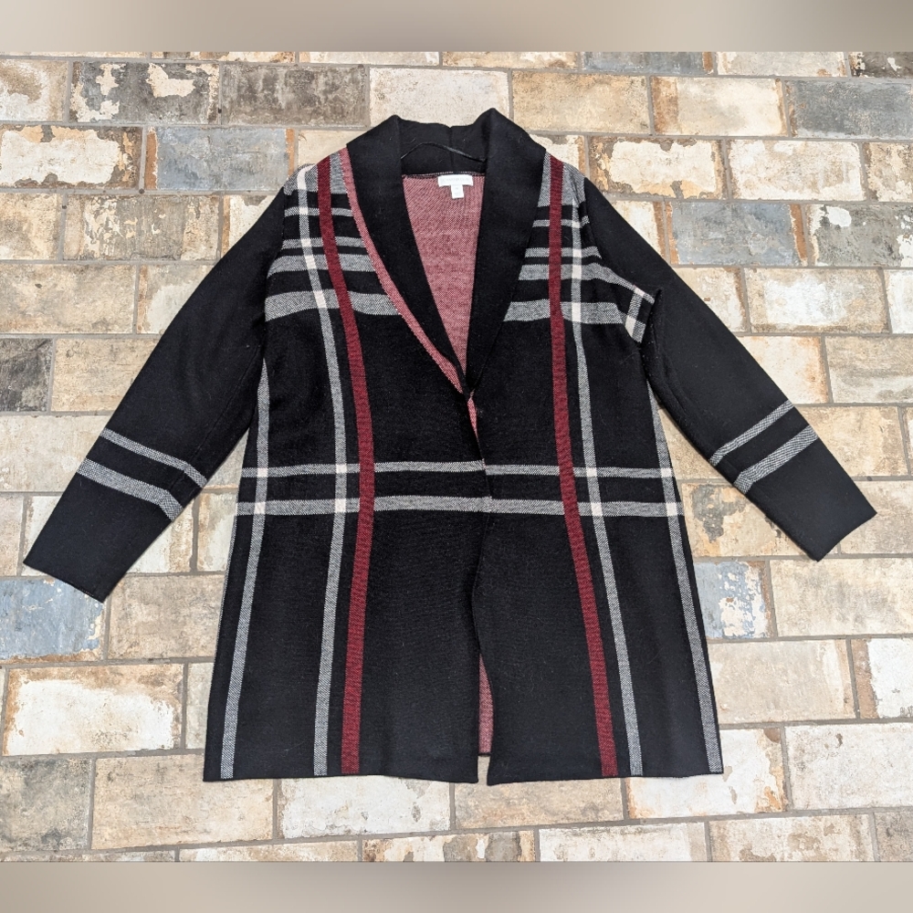 Charter Club Open Front Cardigan Jacket 0X Black Gray Plaid Stripe Red Trim Wool